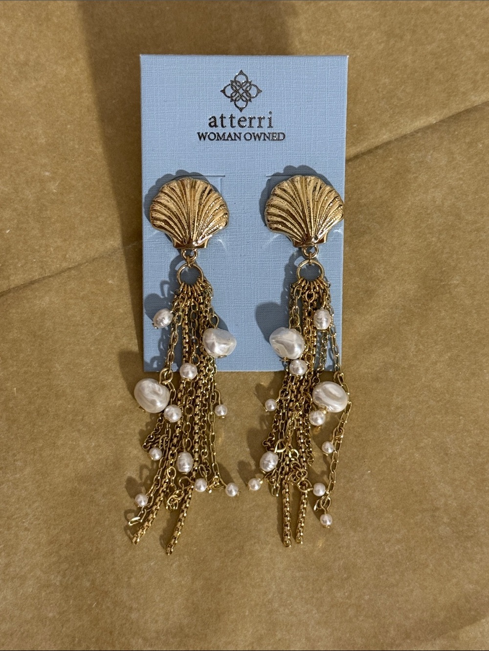 Atterri Gold Shell Drop Earrings with Pearl Tassels